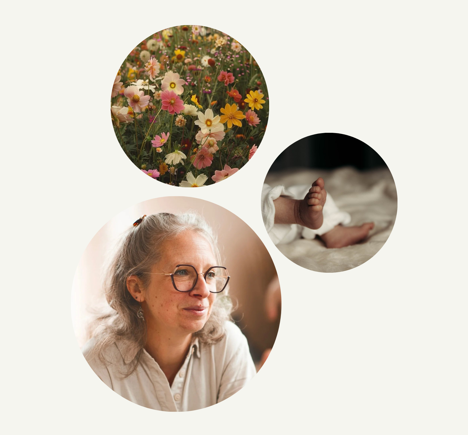 Assemblage de trois images (Doul'ame, champ de fleur, pieds de bébé)